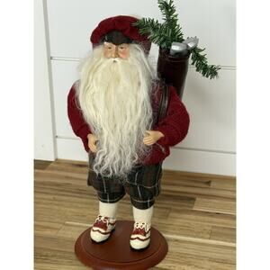 Santa Golfer Figurine with Golf Bag, Dressed In Plaid. 11 Inches Tall.